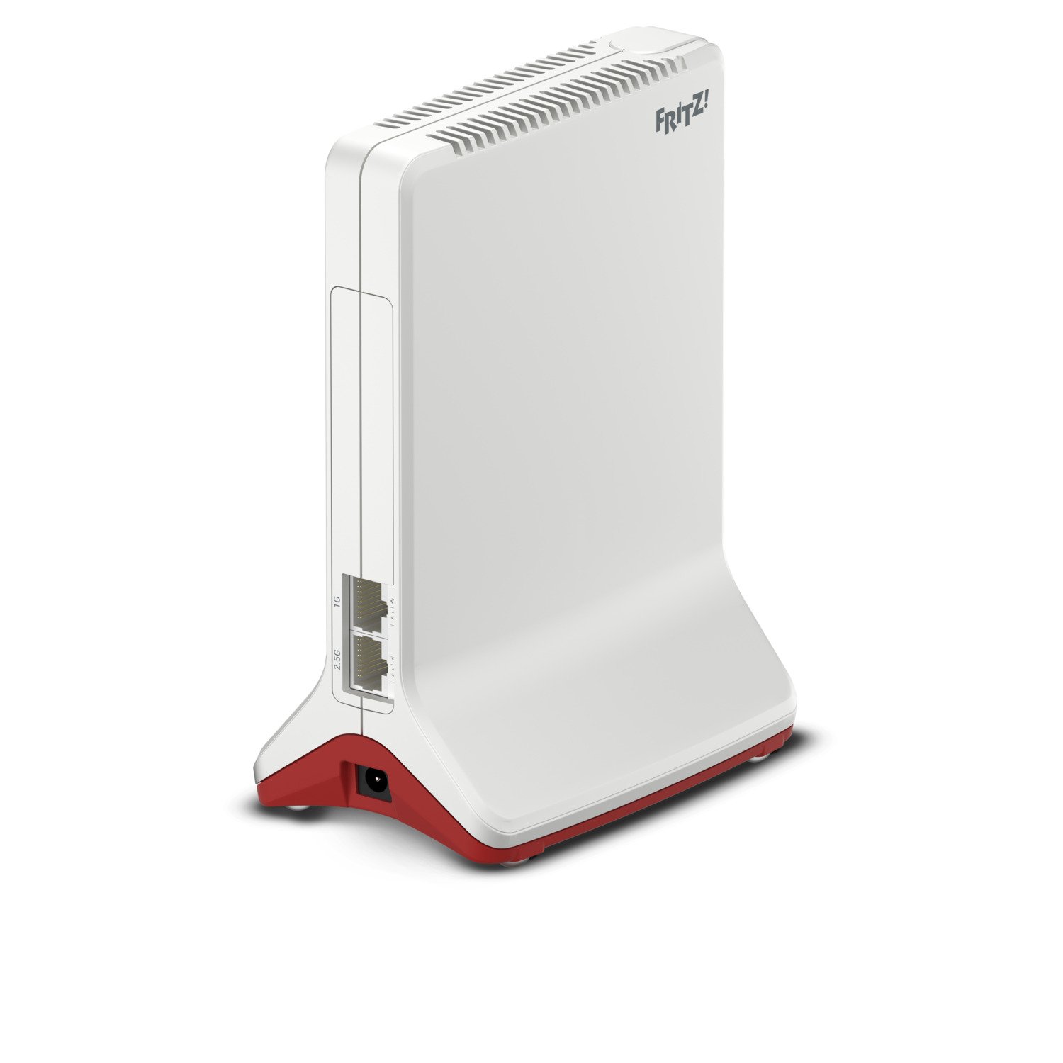 Wit en rode router met 'Fritz!'-logo, zijaanzicht. Witte achtergrond.