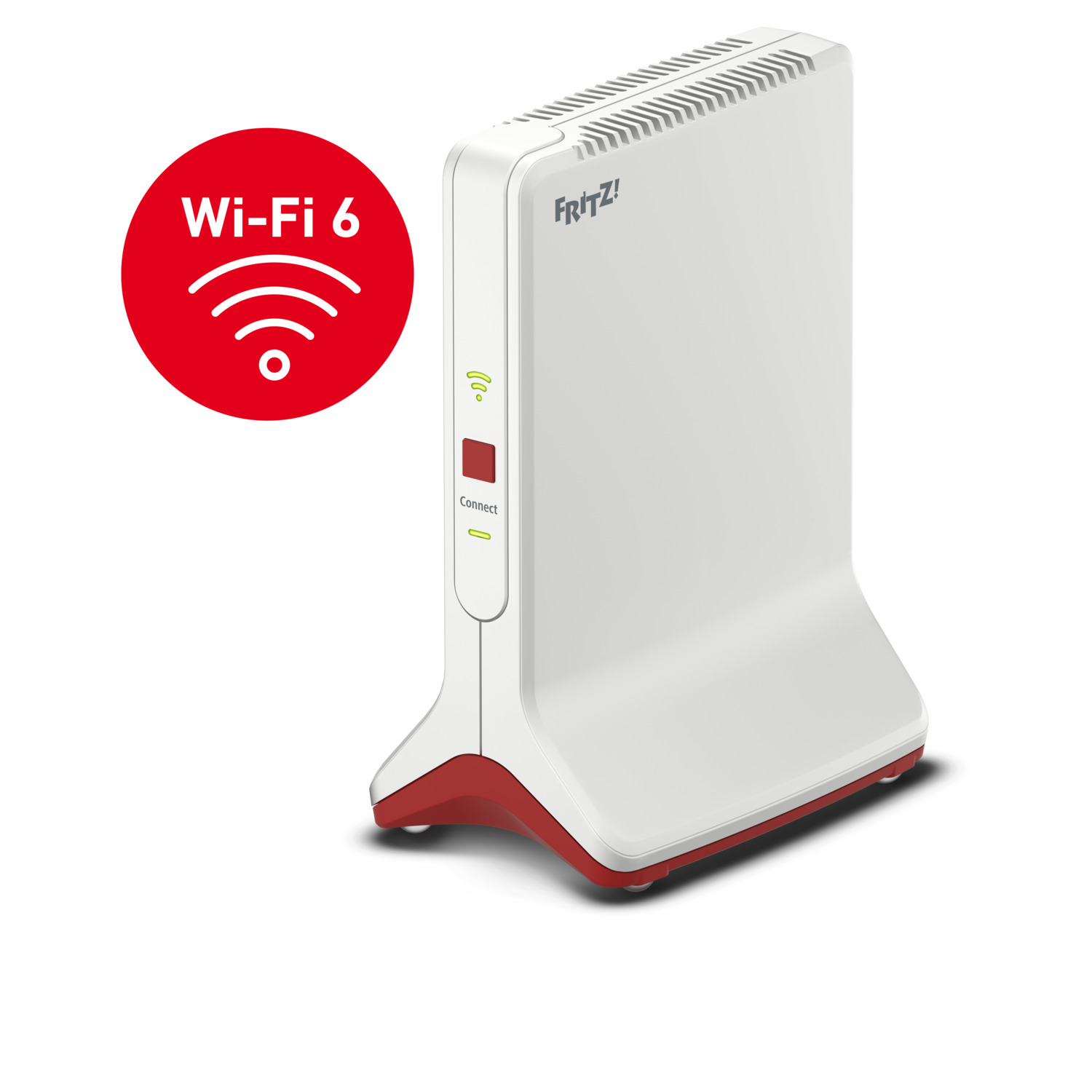 Een witte en rode router met een rood Wi-Fi 6 logo. Connect-knop zichtbaar.
