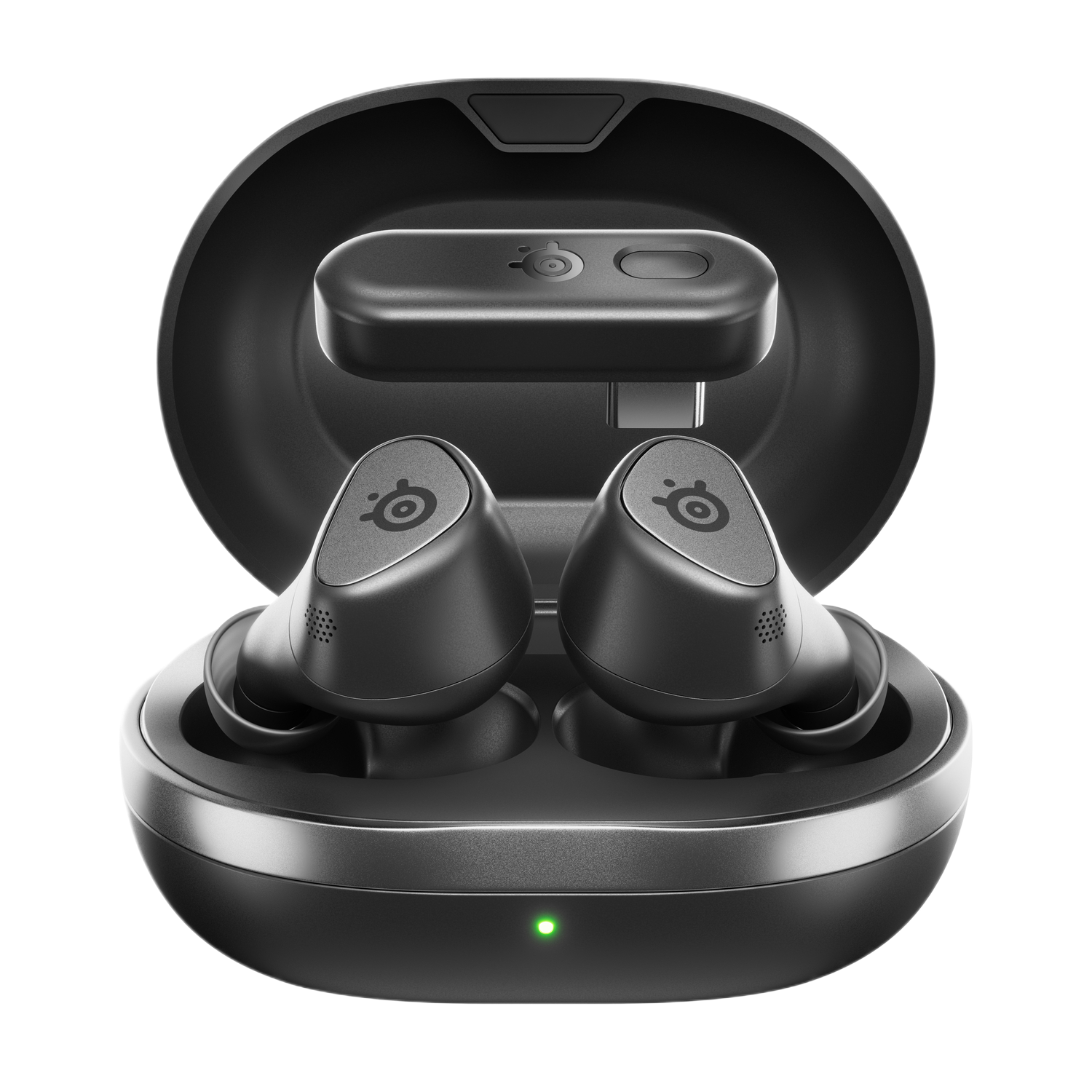 Black wireless earbuds in a case.