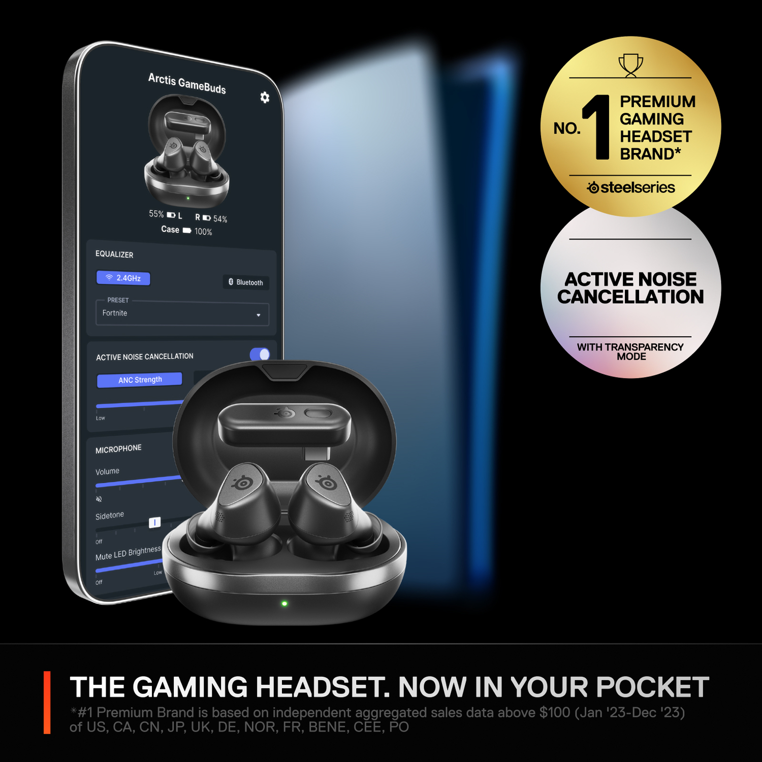 Earbuds and a smartphone with a gaming app interface, and text about noise cancellation.