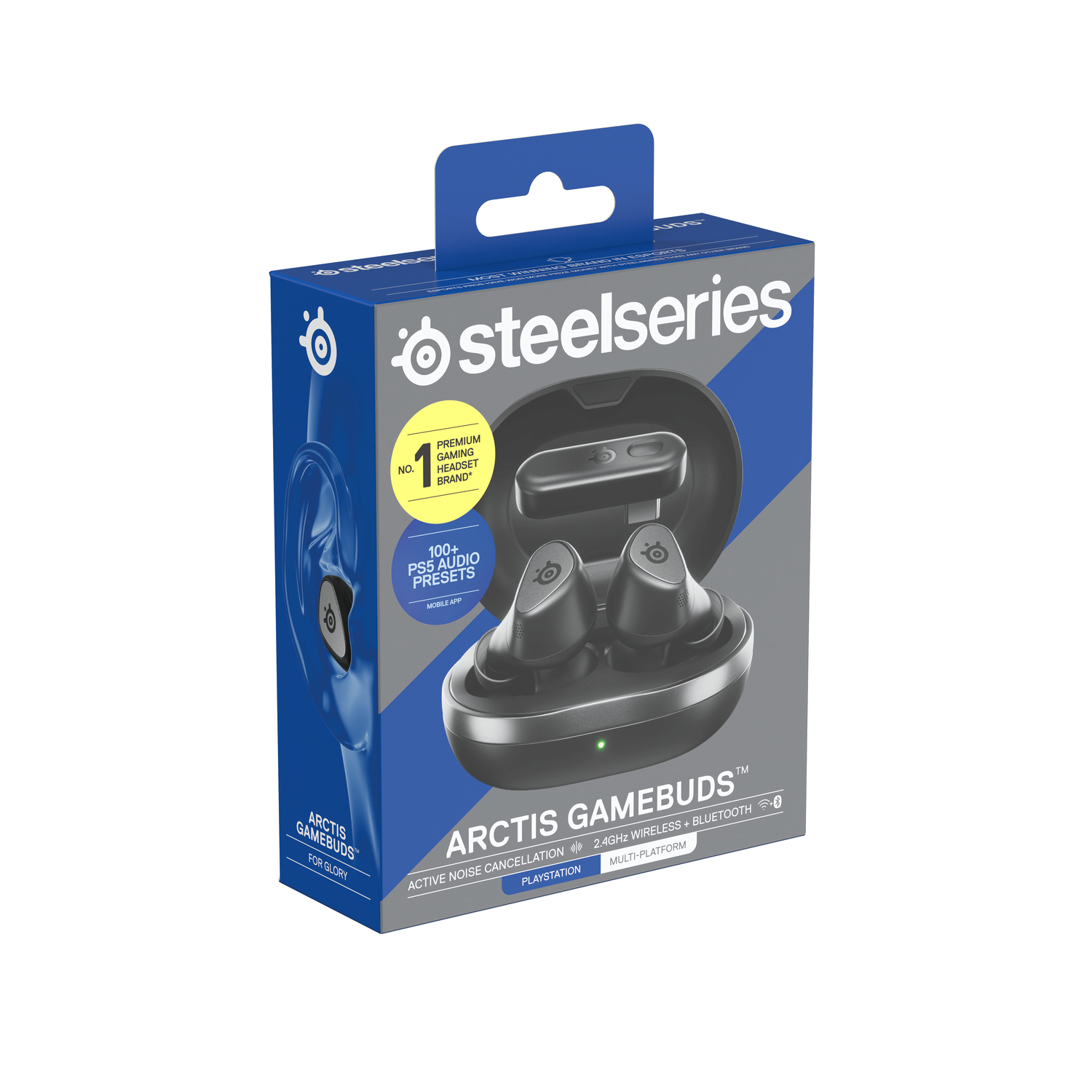Earbuds box with earbuds inside. Black color. SteelSeries brand. Blue and black packaging.