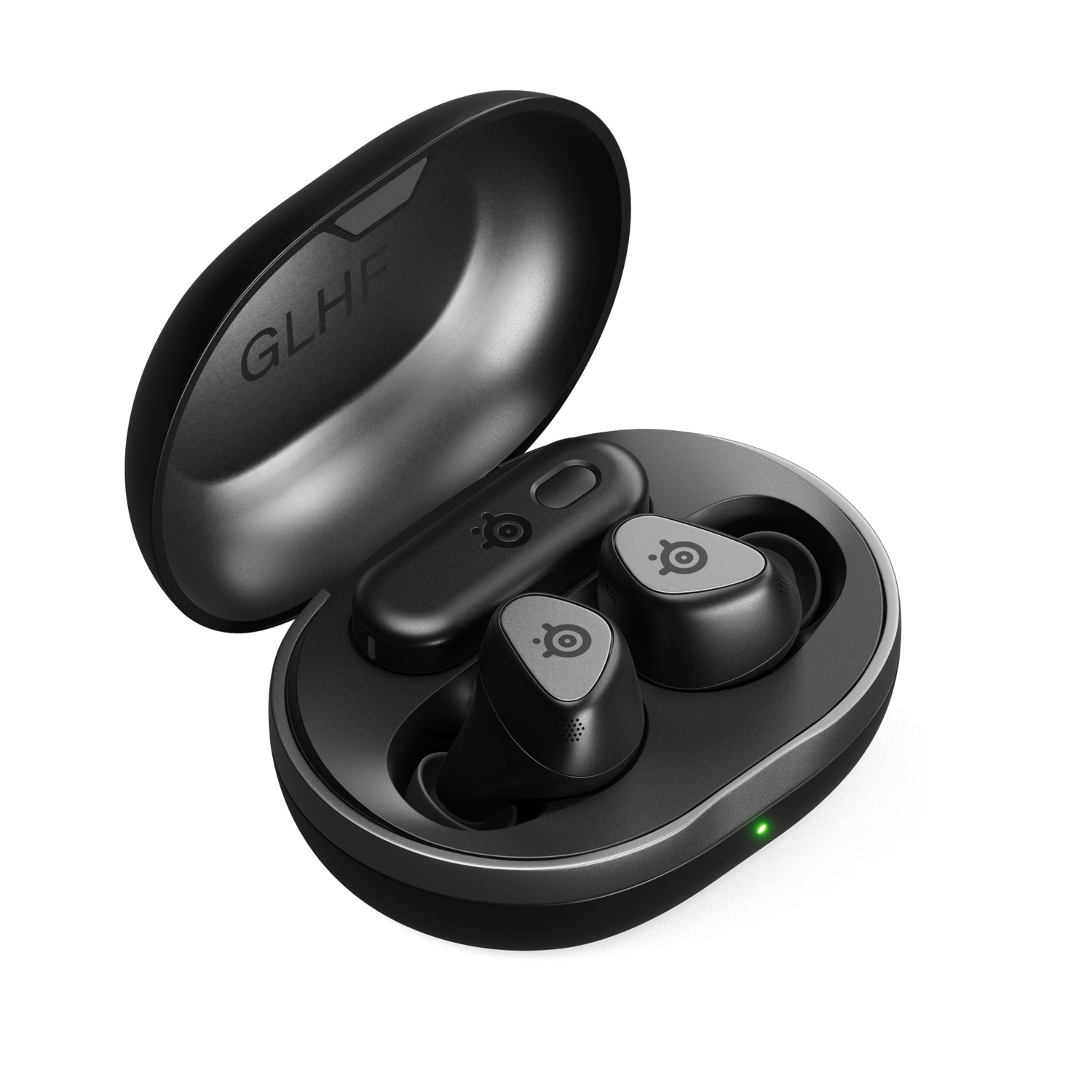 Black earbud case and earbuds, with a green light.