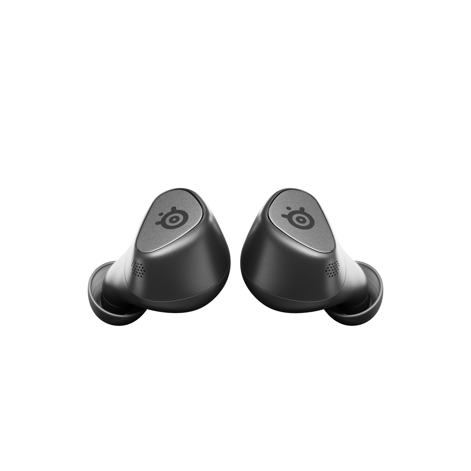 Two black wireless earbuds with the SteelSeries logo, shown on a white background.