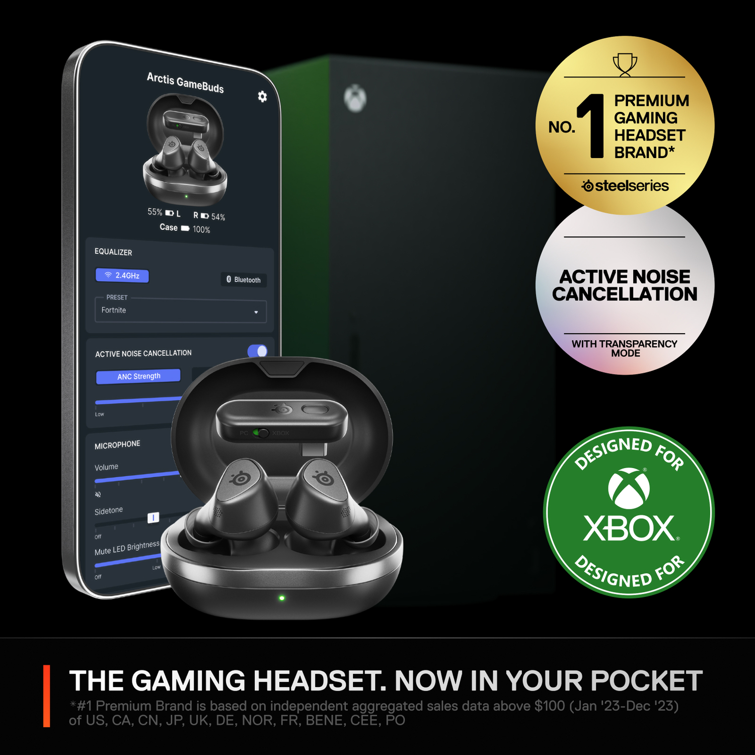 SteelSeries earbuds in case, phone app interface, and Xbox branding. Black.