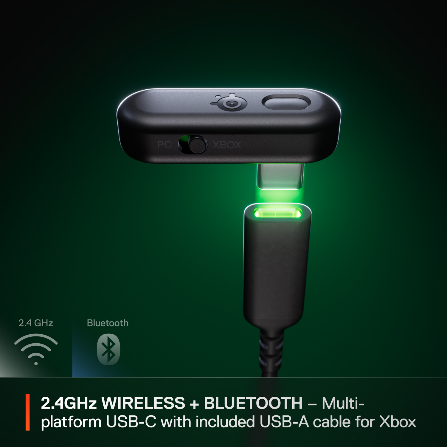 Black USB-C adapter connected to a black cable. Green glow. Dark green background.