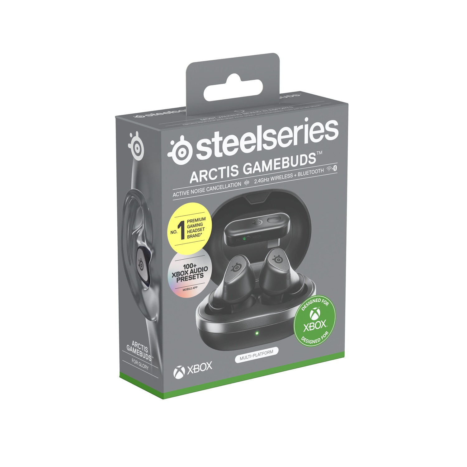 A gray and black SteelSeries Arctis Gamebuds box. It has images of the earbuds and branding. Designed for Xbox.