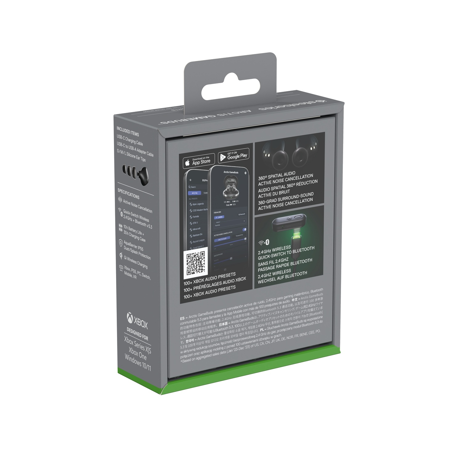 Earbuds box with product details, app interface, and Xbox branding. Black and green.