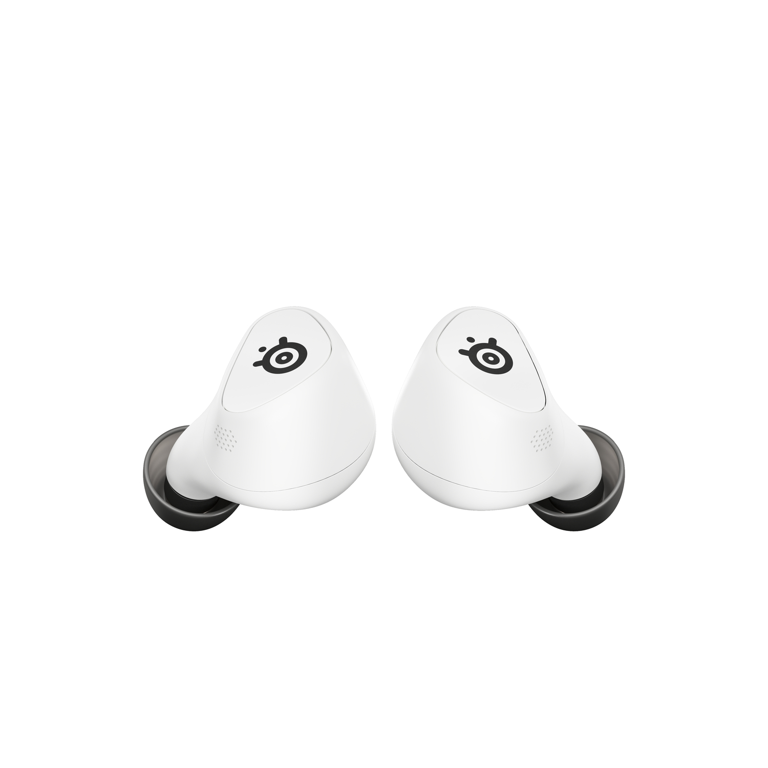 Two white earbud headphones on a white background.