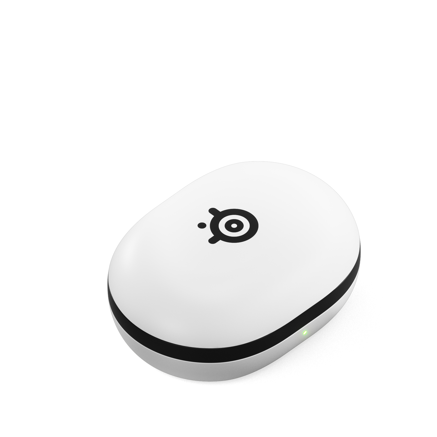 White, oval-shaped device with a black ring and a logo. There's a green light.