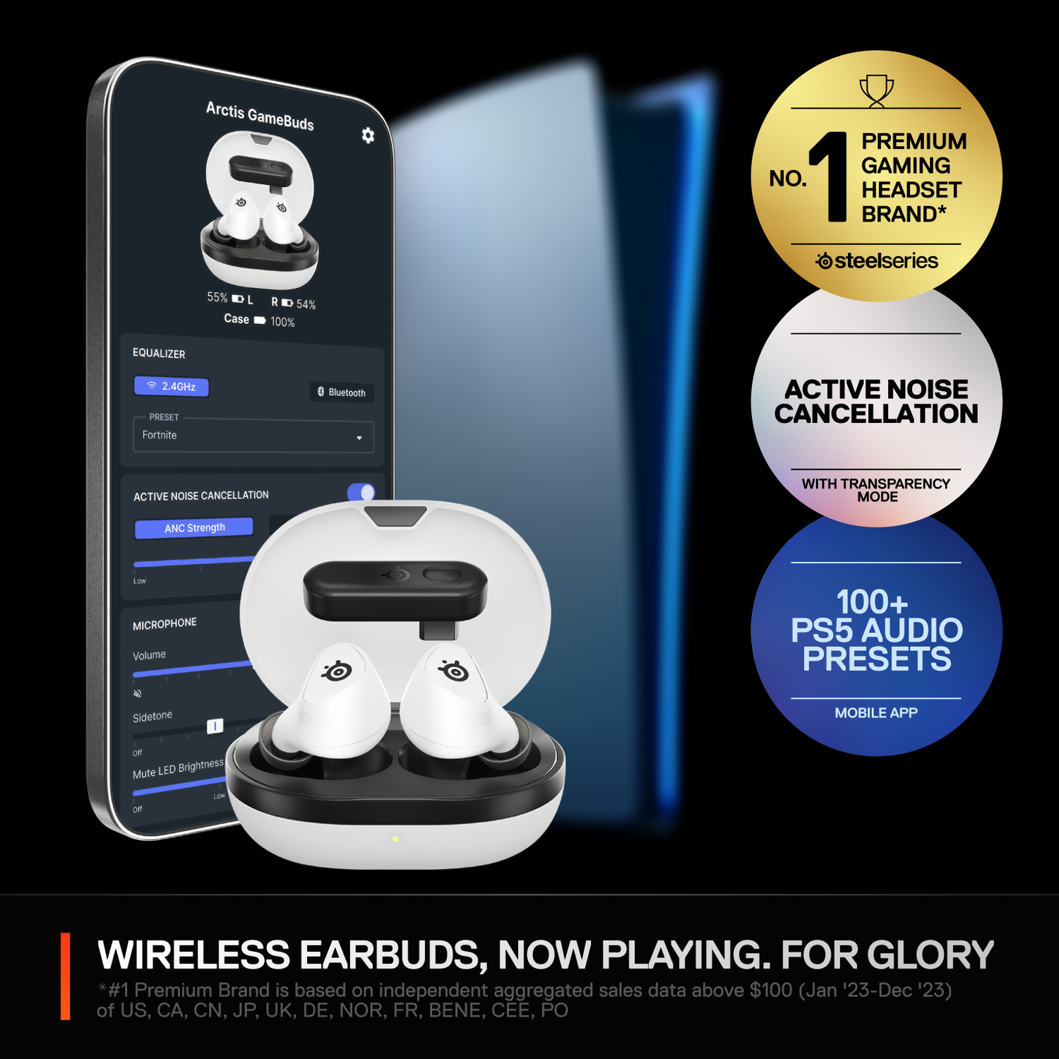 Wireless earbuds in a charging case with a phone screen. Text about noise cancellation.