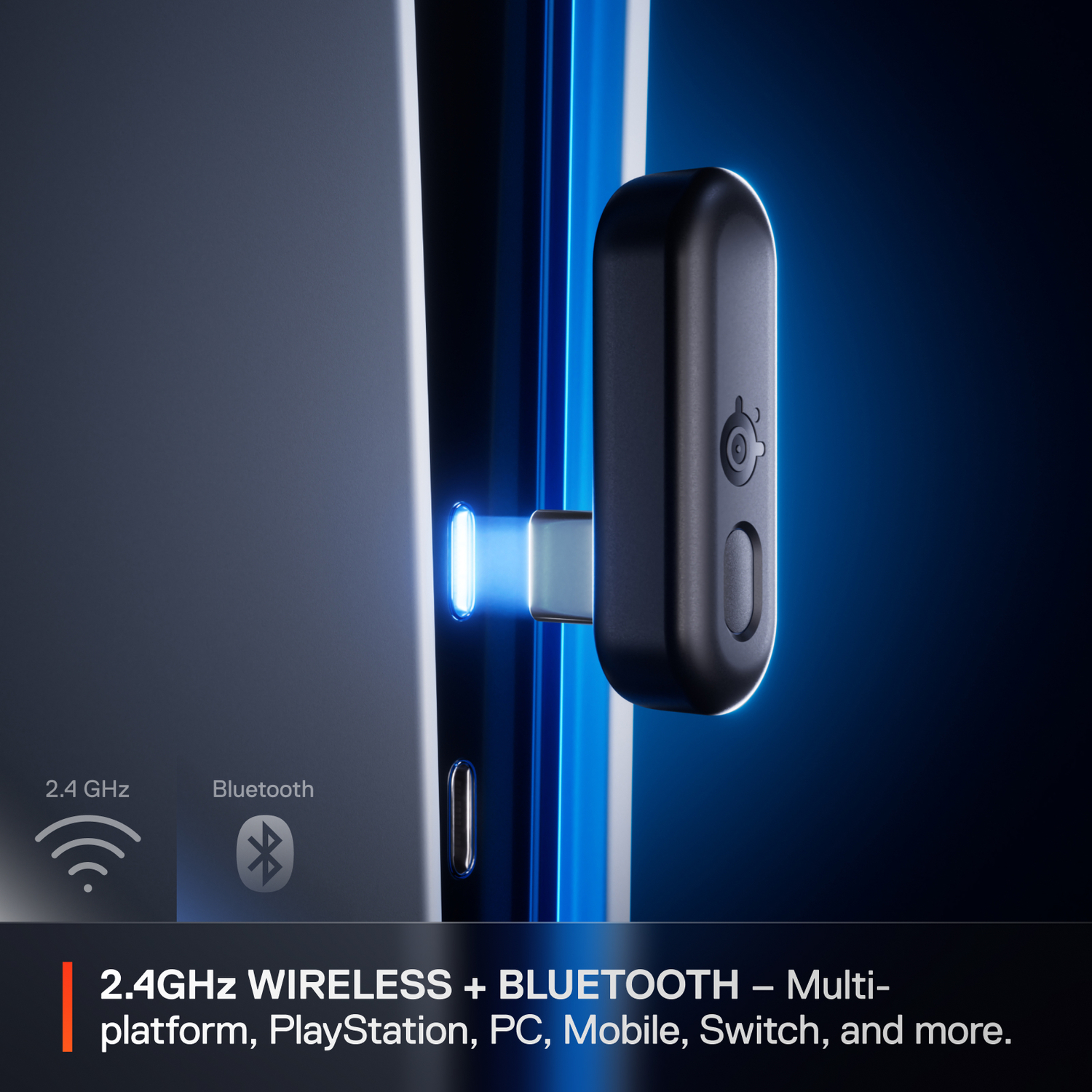 A black wireless adapter plugged into a dark device, with Bluetooth and 2.4 GHz icons.