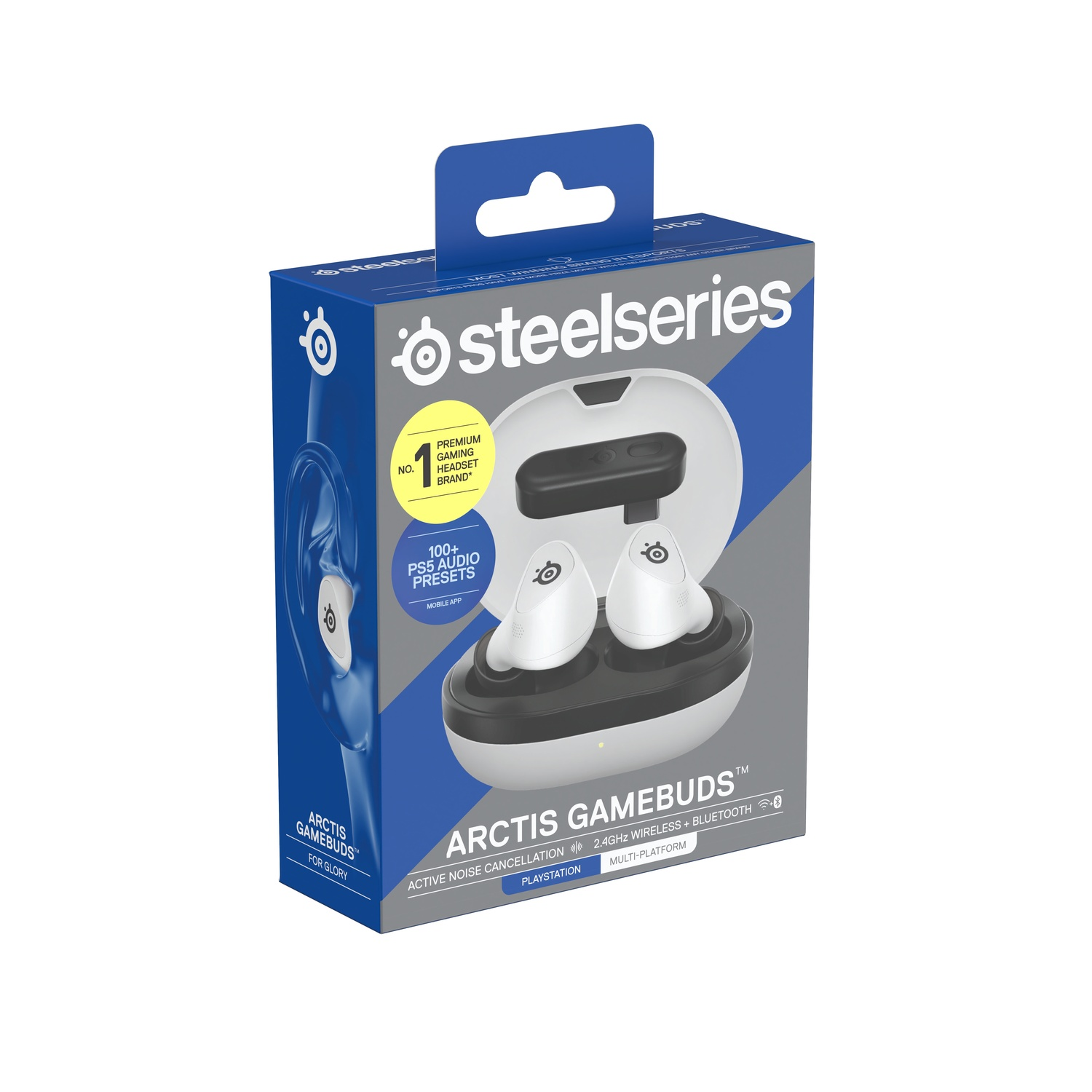 SteelSeries earbuds box, white earbuds in case, and branding. White and blue.