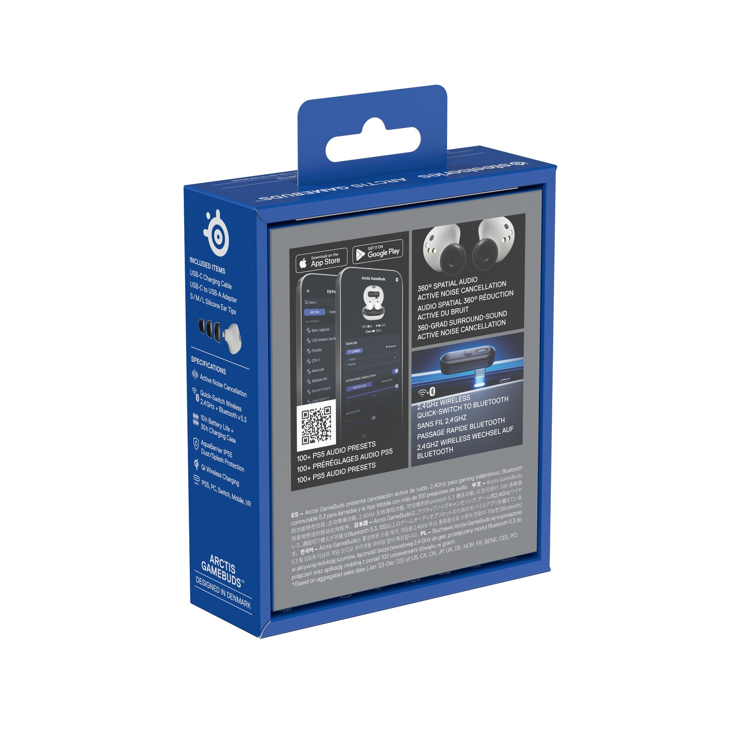 A blue box with a headset image and details. Text in multiple languages.