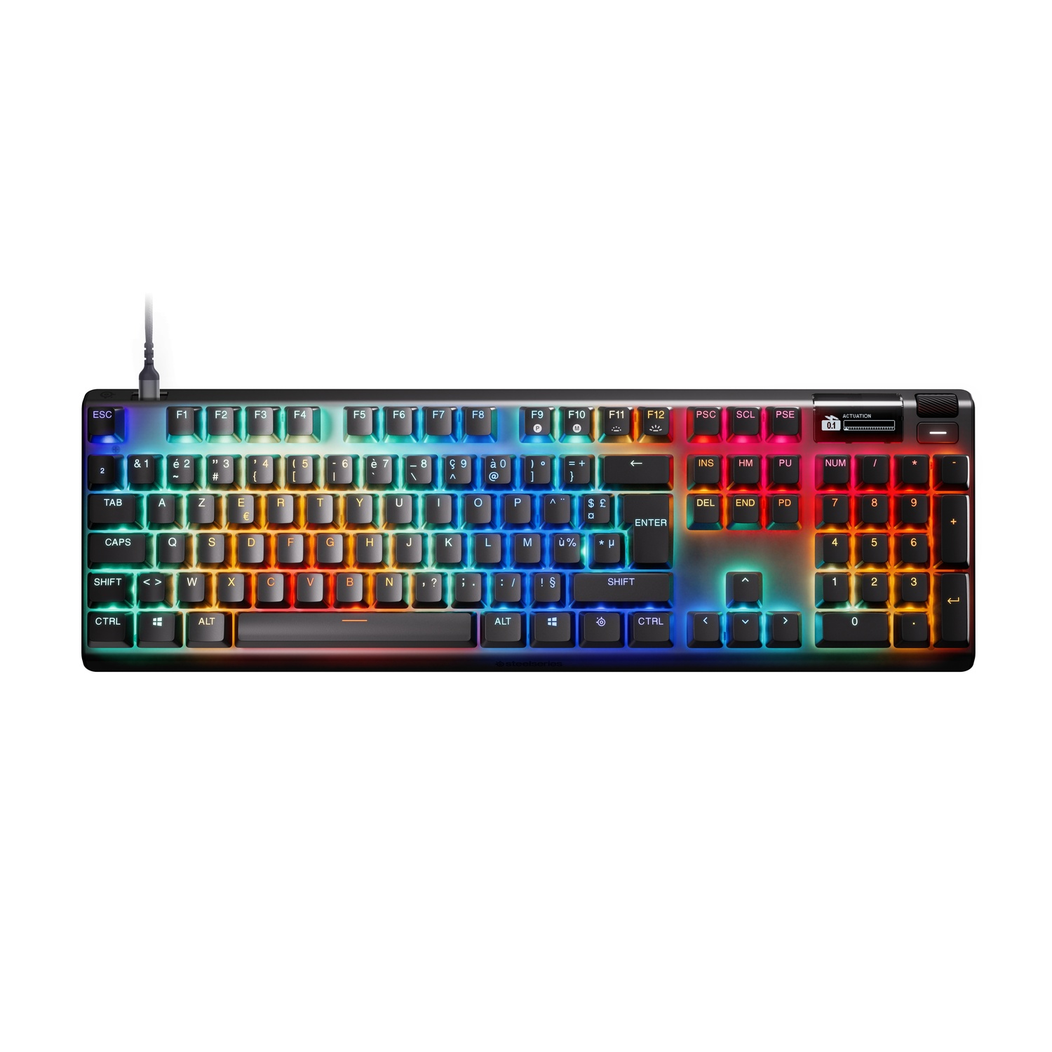 Zwart toetsenbord met RGB-verlichting. Het heeft veel toetsen en een draad aangesloten.