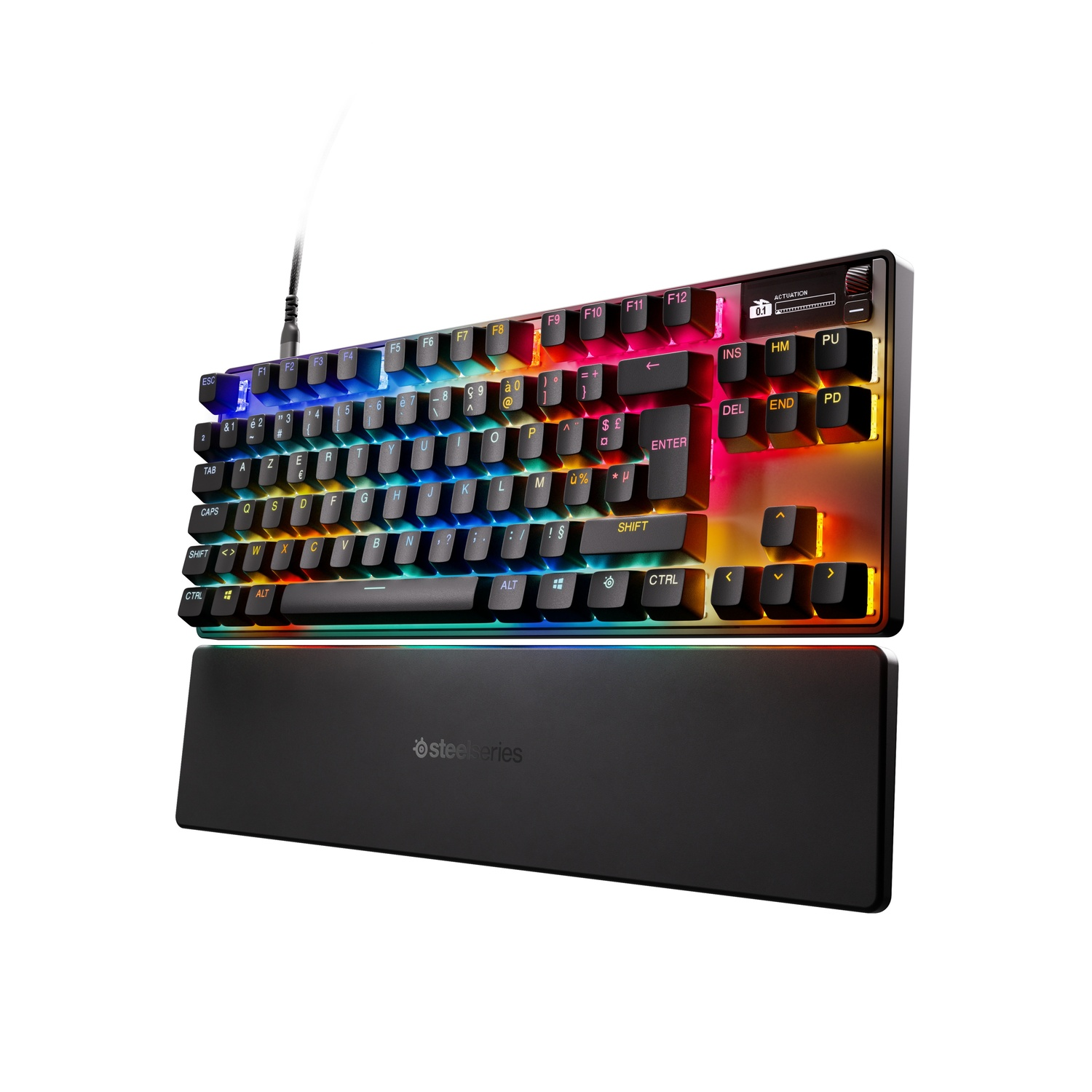 RGB-verlicht toetsenbord met polssteun. Toetsen zijn zwart, met kleurrijk licht. Zwart toetsenbord met een USB-draad.