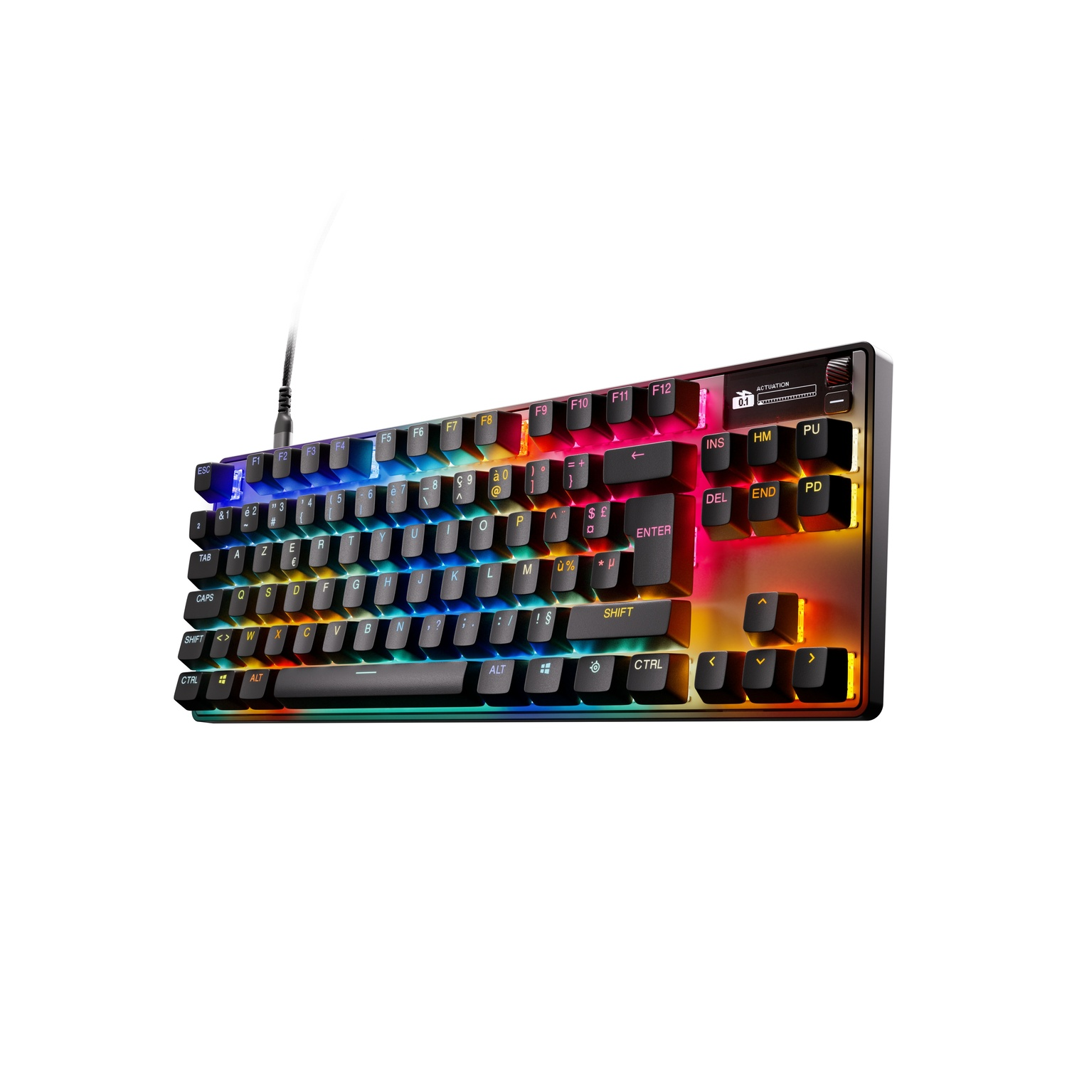 RGB gaming toetsenbord met verlichte toetsen, zwarte frame en witte achtergrond.