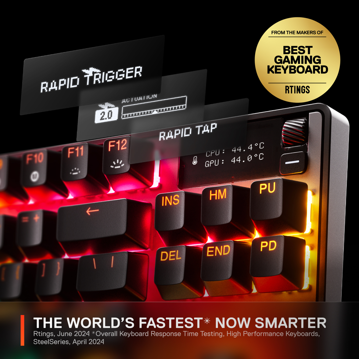 Een gaming toetsenbord met rode lichten en schermen voor snelle trigger- en tap-functies.