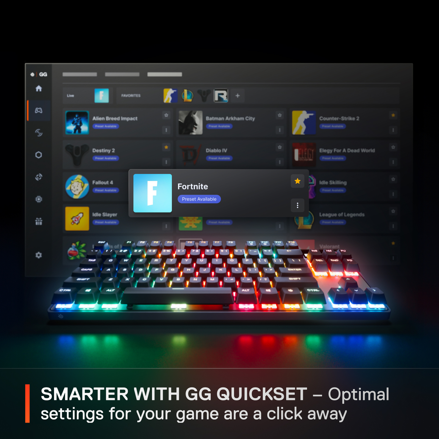 Een toetsenbord met RGB-verlichting, met een game-interface op een scherm op de achtergrond, met het Fortnite-pictogram.