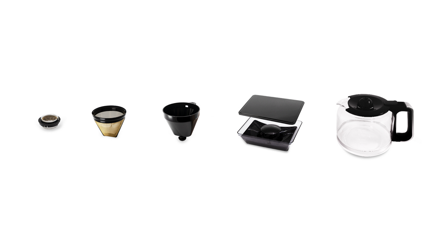 Piezas de cafetera que incluyen un portafiltro, filtro de café, tapa y jarra de vidrio.
