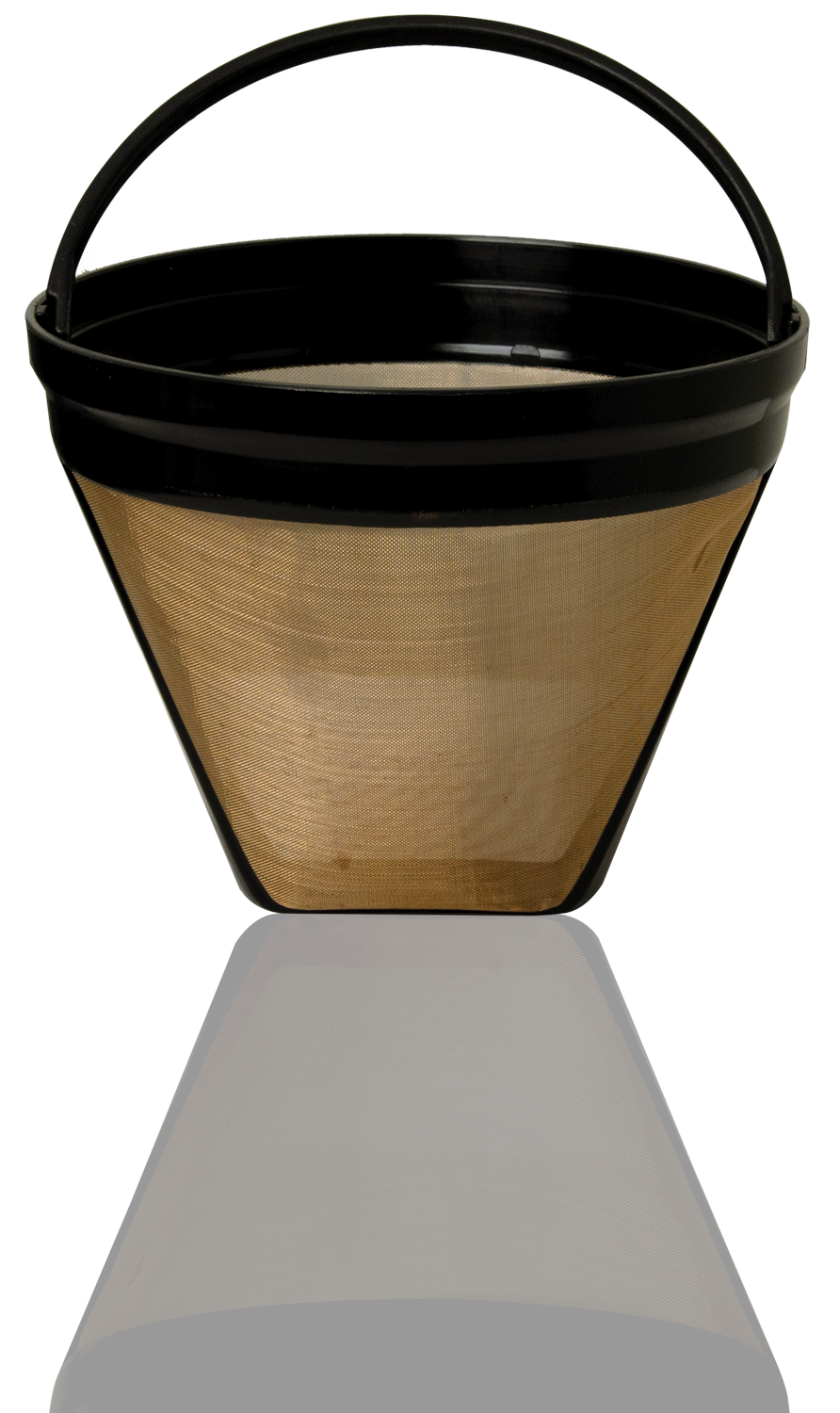 Un filtro de café negro y dorado, que refleja la superficie negra.