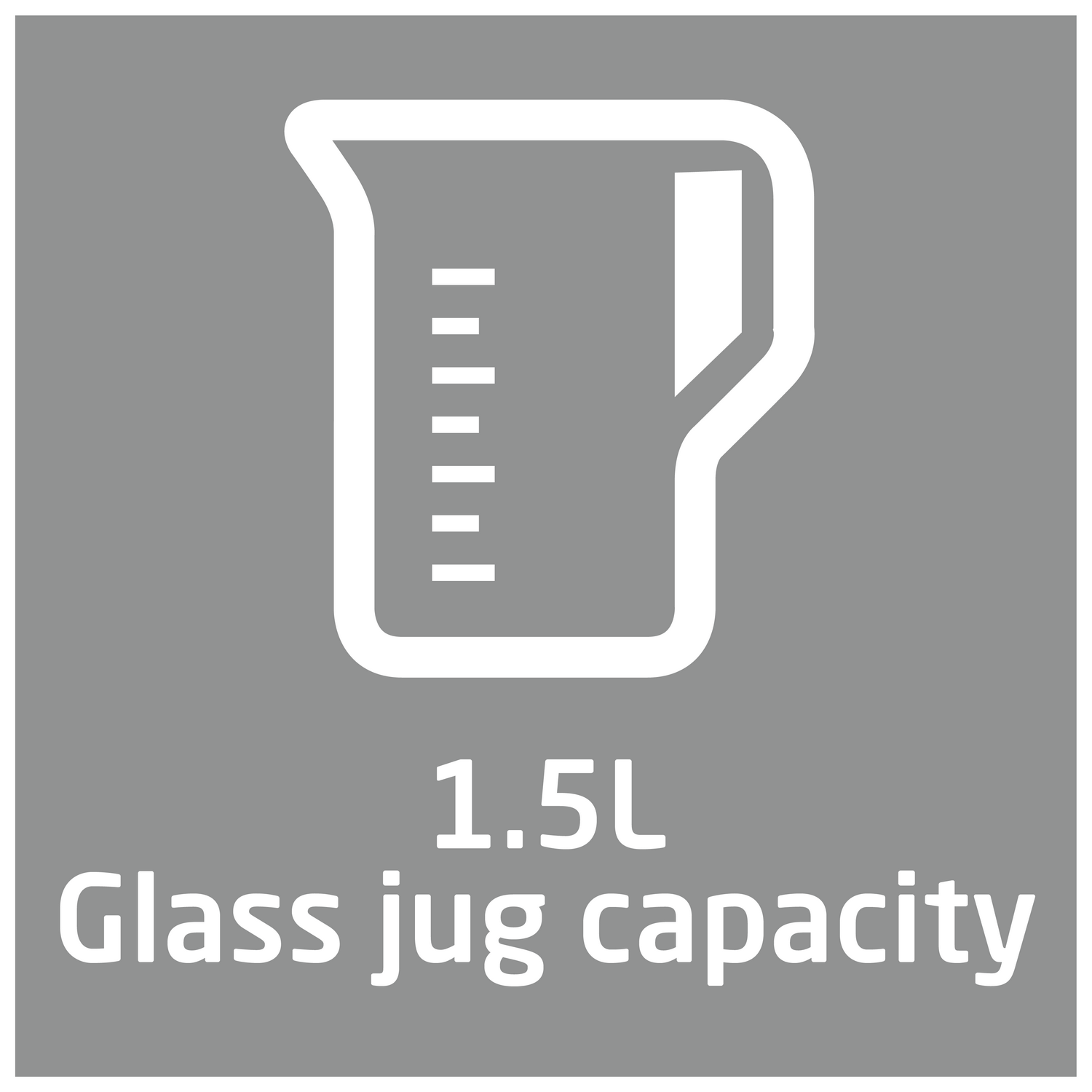 Jarra blanca con capacidad de 1,5L sobre fondo gris.
