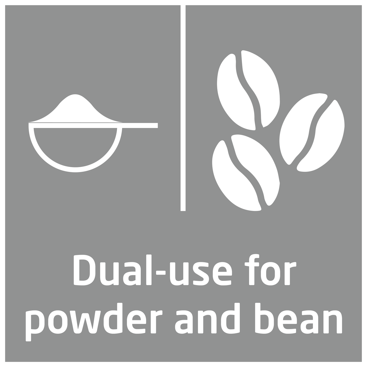 Imagen muestra cuchara y granos de café. Texto dice 'Dual-use for powder and bean'.