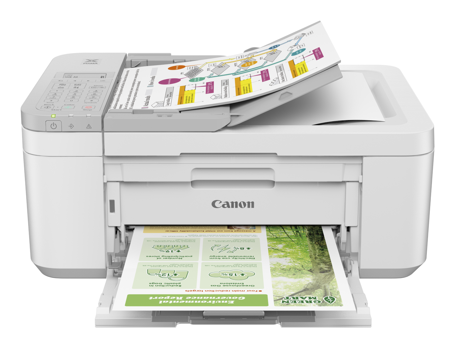 Una impresora Canon blanca imprimiendo un documento con gráficos y tablas.