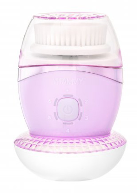 Fioletowo-biała szczoteczka do oczyszczania twarzy, z przyciskami i główką szczotki, białe tło.