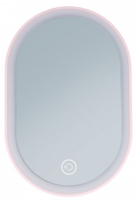 Owalne lustro z różową ramą i podświetlaną ramą. Na lustrze znajduje się ikona światła.