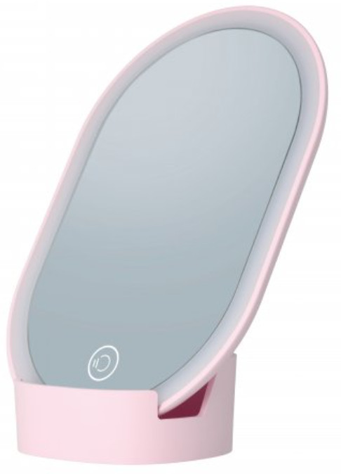 Różowe, owalne lusterko do makijażu z dotykowym przyciskiem zasilania.