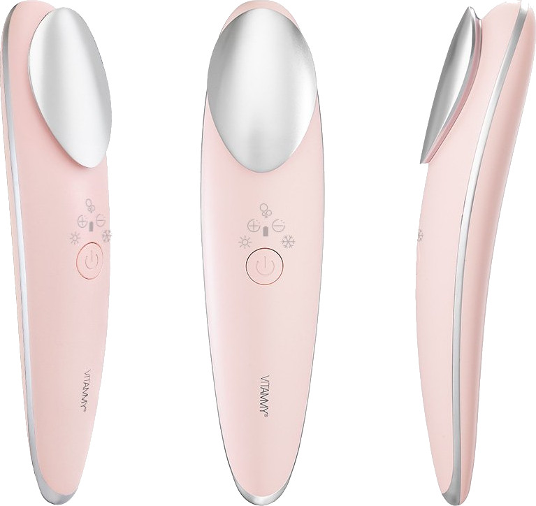 Różowe urządzenie do twarzy ze srebrnymi akcentami, trzy widoki. Przycisk zasilania, logo.