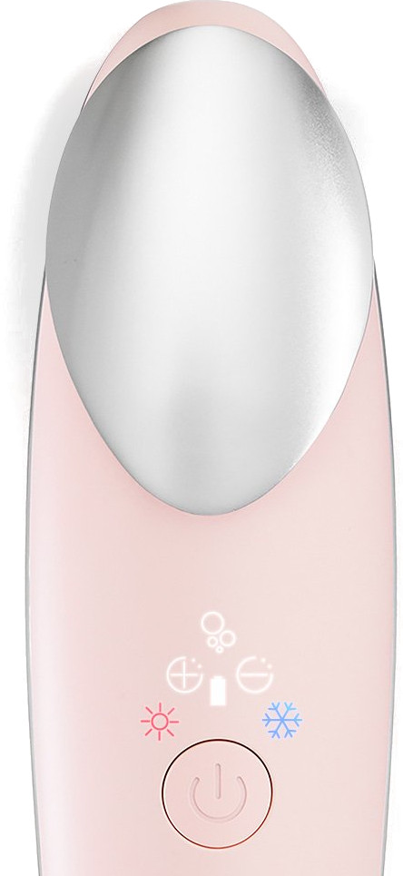 Różowy parownik do twarzy z przyciskami sterowania, ze srebrną górą i różową podstawą.