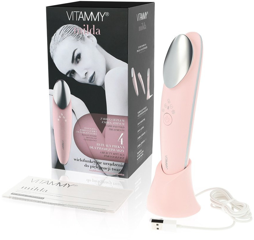 Różowe urządzenie kosmetyczne Vitammy Milda z pudełkiem i podstawką ładującą. Ma różowy korpus i srebrny wierzch.