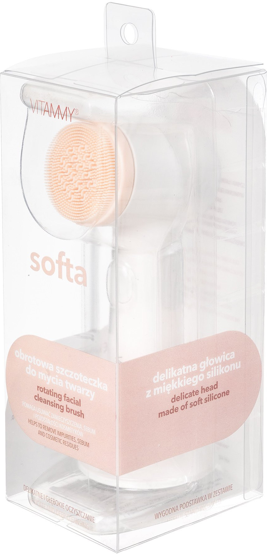 Obrotowa szczoteczka do oczyszczania twarzy, w pudełku. Ma uchwyt i różową główkę.