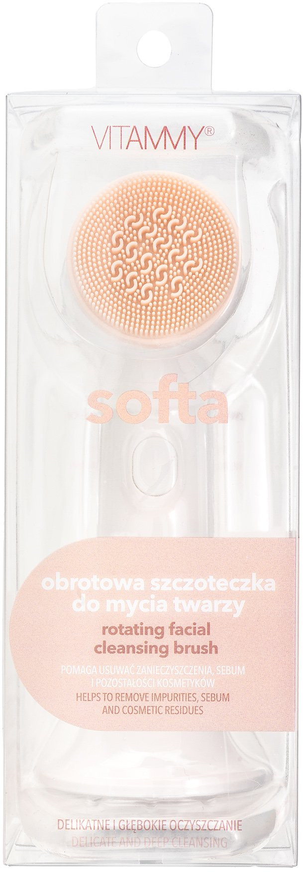 Szczoteczka do oczyszczania twarzy w przezroczystym etui z różowym tekstem i główką szczoteczki.