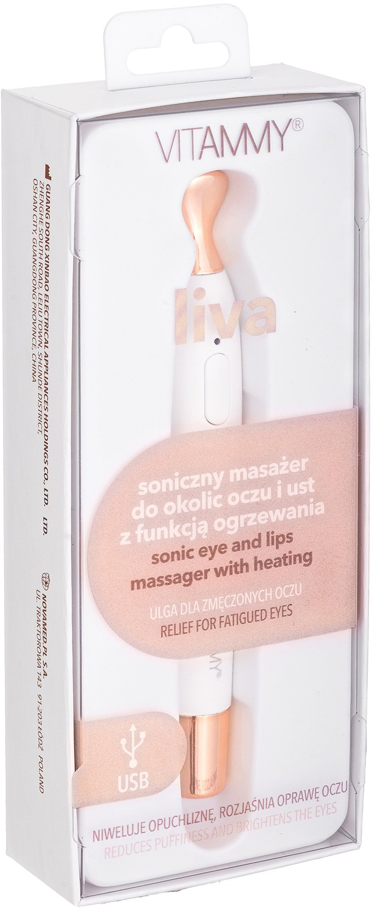 Biały i różowo-złoty masażer do twarzy w pudełku. Tekst: Soniczny masażer do oczu i ust. Redukuje obrzęki.