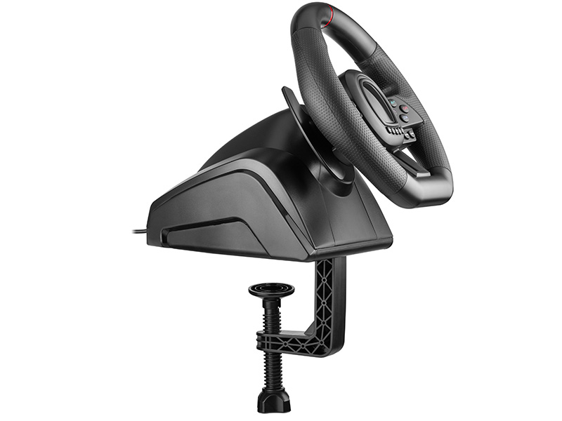 Czarna kierownica do gier z zaciskiem do mocowania, na białym tle.