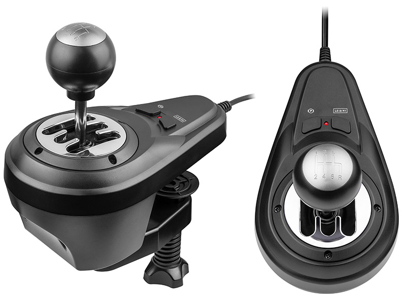 Dwa kontrolery zmiany biegów do gier. Jeden po lewej stronie jest zamontowany. Drugi jest po prawej stronie.