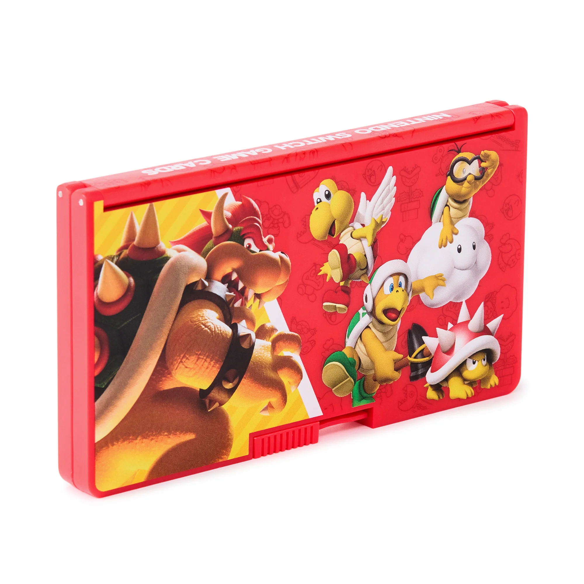 Czerwone etui na karty do gier Nintendo Switch. Zawiera różne postacie z Mario.