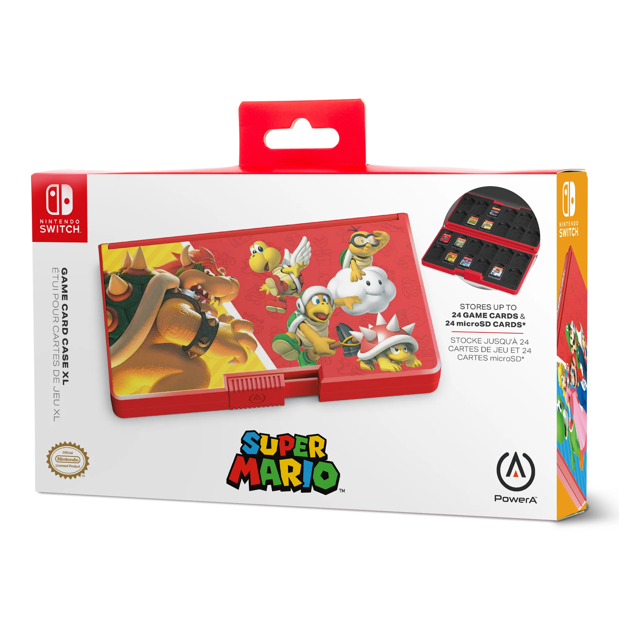 Czerwone etui na gry Super Mario Nintendo Switch z wkładami do gier w środku.