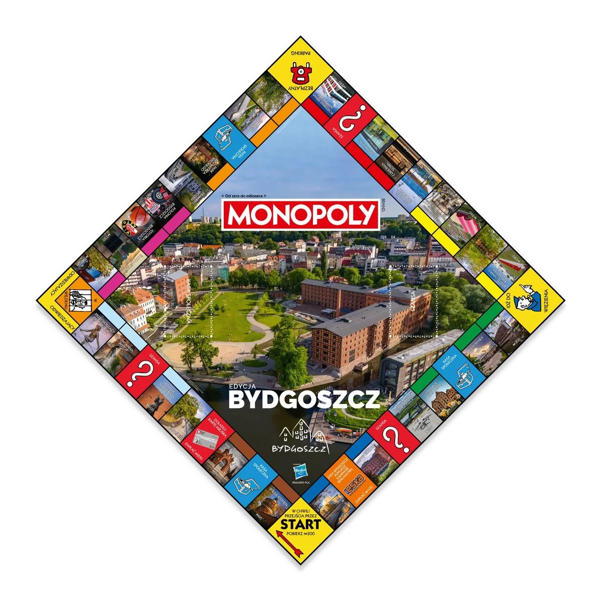 Plansza Monopoly z Bydgoszczą, Polska, z miejskimi zabytkami i logo Monopoly pośrodku planszy.