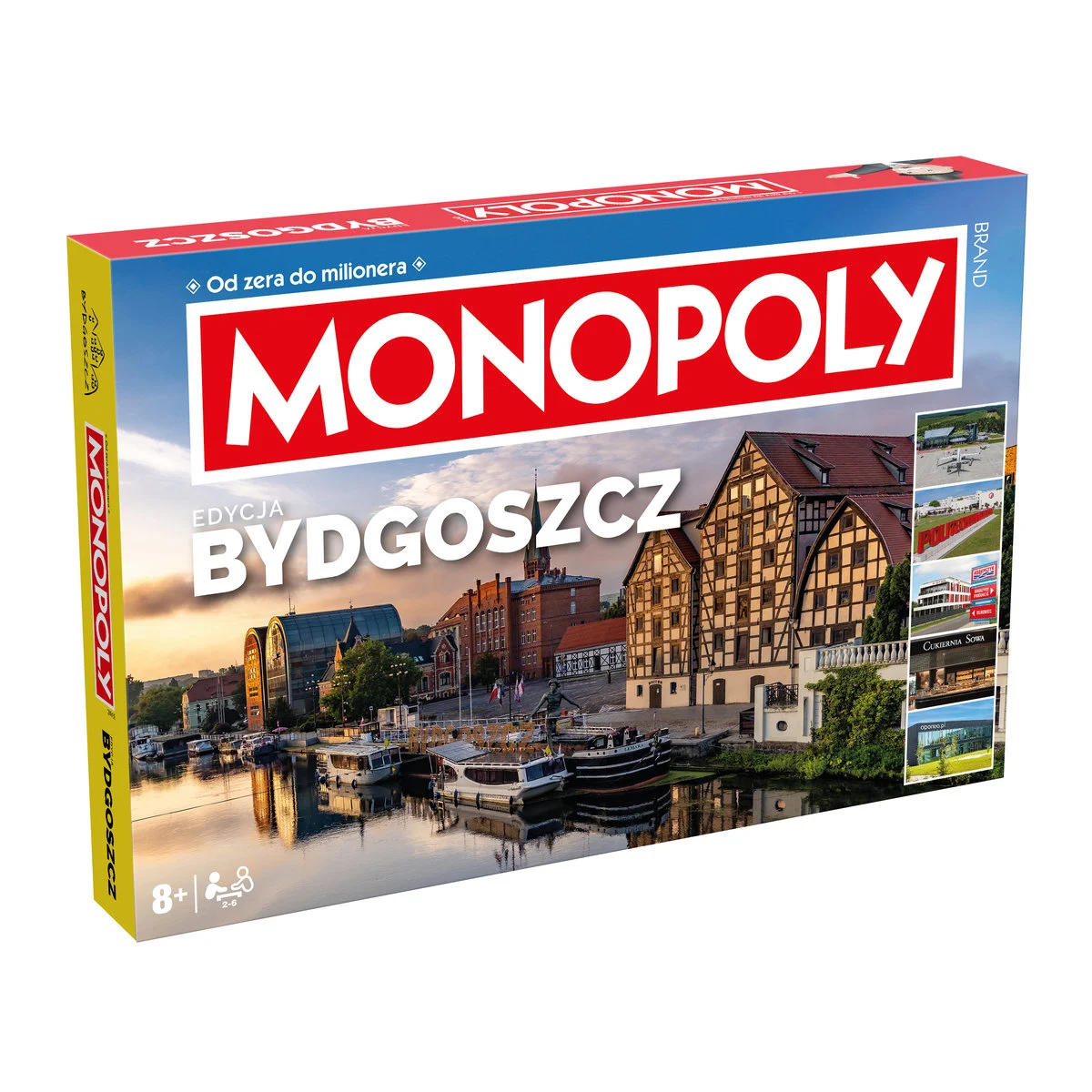 Pudełko edycji Monopoly Bydgoszcz. Zawiera budynki miejskie, rzekę, łodzie i logo Monopoly. Jasne kolory i szczegółowy design.