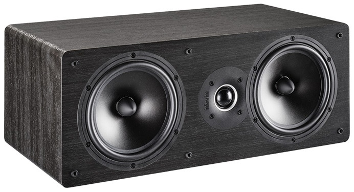 Czarny, prostokątny głośnik z dwoma stożkami i centralnym głośnikiem wysokotonowym.