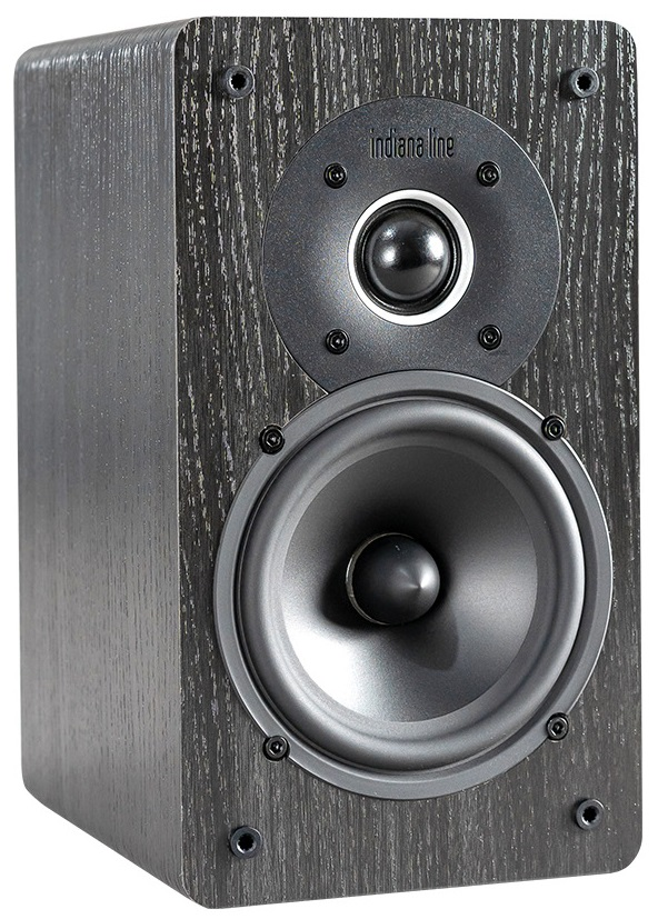 Czarny i szary głośnik z głośnikiem niskotonowym i wysokotonowym. Tekstura słojów drewna.