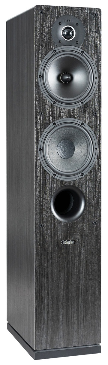 Wysoki, czarny drewniany głośnik z trzema głośnikami i zaokrąglonym portem.