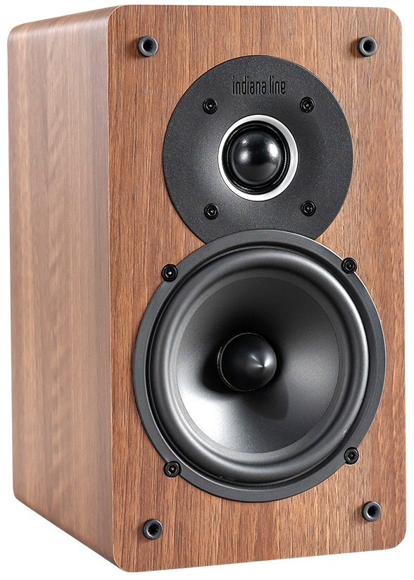 Drewniany głośnik, czarny głośnik i głośnik wysokotonowy, widok z przodu.