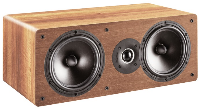 Drewniany głośnik z dwoma czarnymi głośnikami i małym czarnym głośnikiem pośrodku.