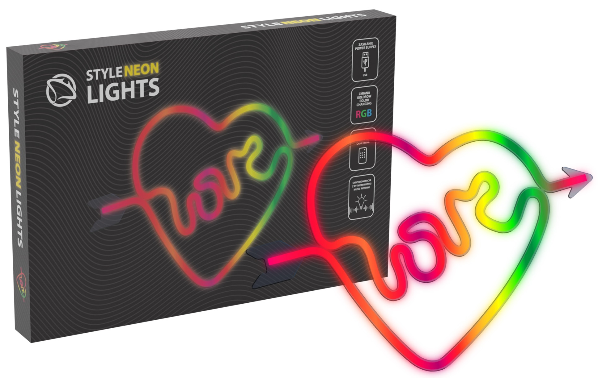 Neonowy znak w kształcie serca z przebijającą go strzałą i napisem 'love'.