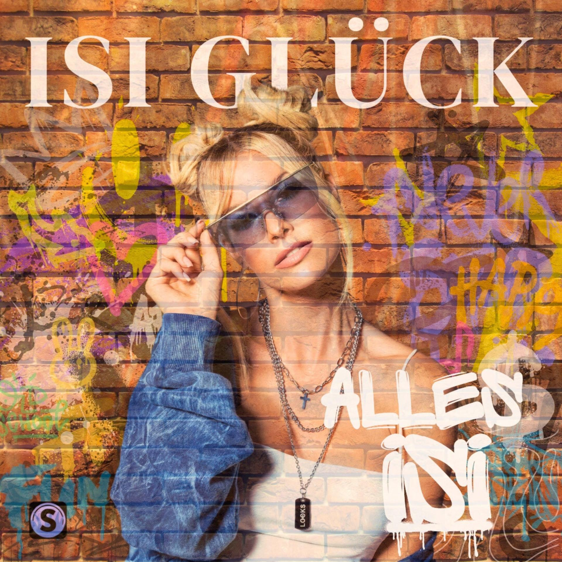Frau mit Sonnenbrille schaut darüber. Graffiti-Hintergrund. Text: Isi Glück Alles Isi.