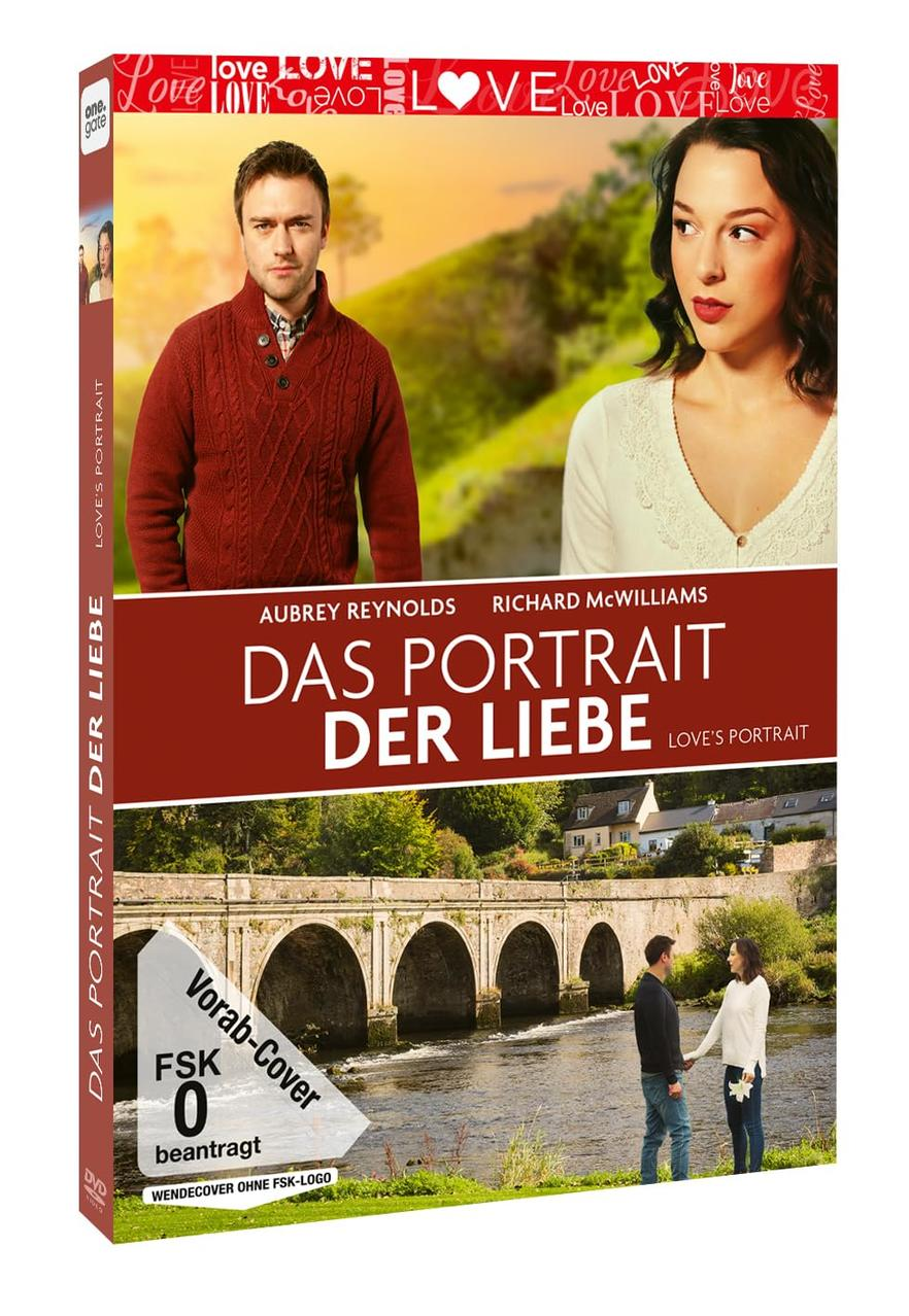 DVD-Cover mit Mann und Frau vor Flussbrücke, Titel 'Das Portrait der Liebe'.
